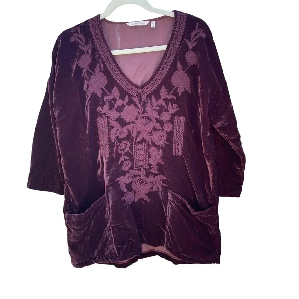 SOFT SURROUNDINGS EGGPLANT EMBROIDERED VELVET TUNIC BLOUSE